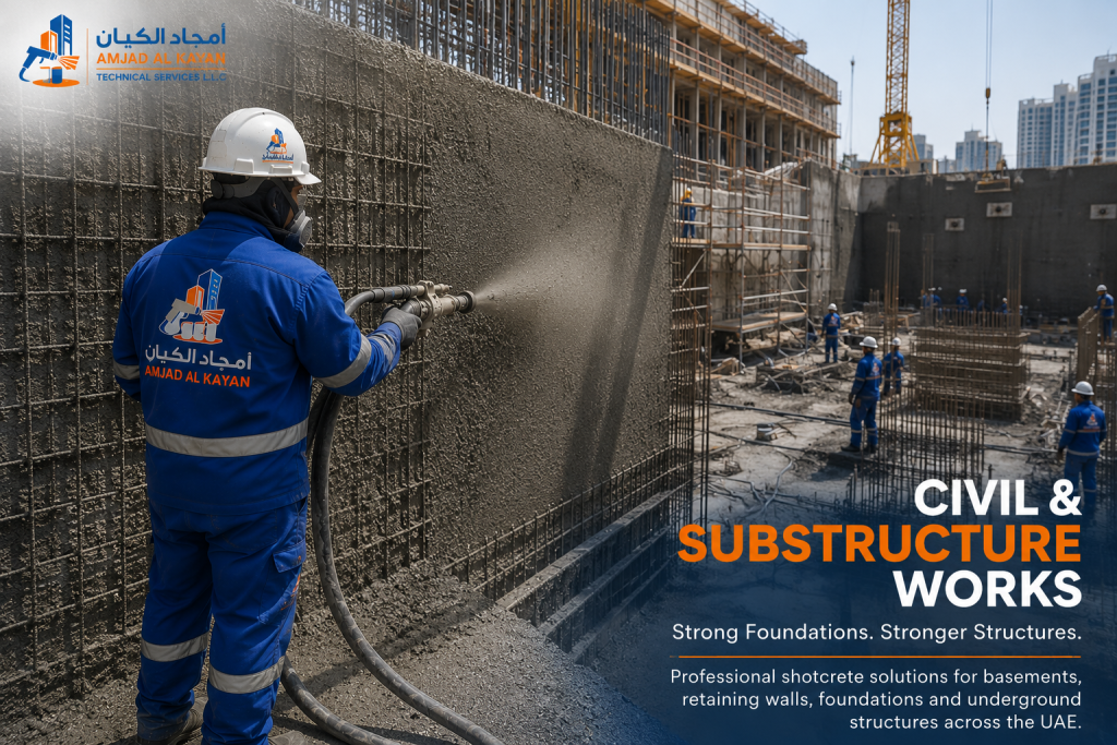 Civil & Substructure Works UAE | Basement & Foundation Shotcrete Solutions