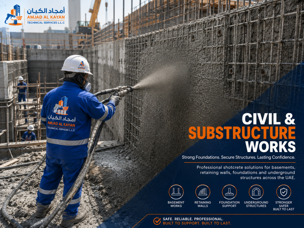 Civil & Substructure Works UAE | Basement & Foundation Shotcrete Solutions